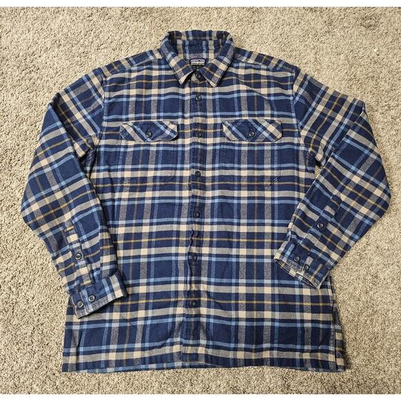 Patagonia Flannel Shirt Blue Plaid Button Up Long Sleeve Outdoor Mens Large - Picture 1 of 7